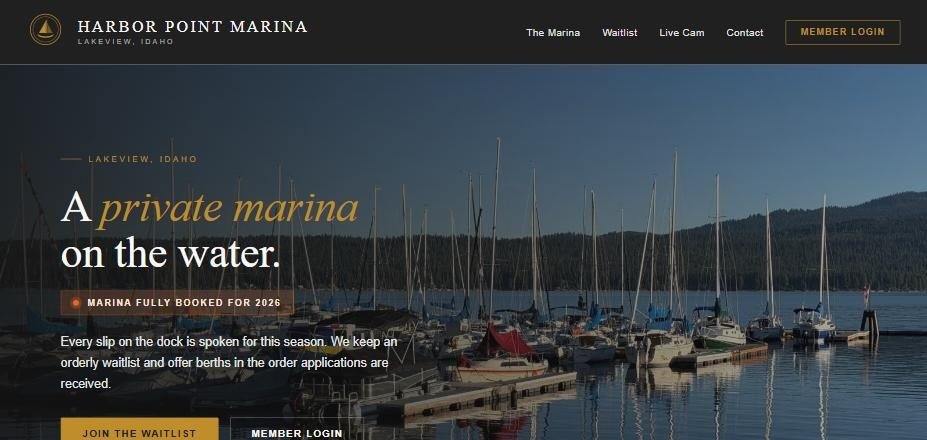 The Harbor Point Marina website: a private marina on the water, with a waitlist call to action and member login